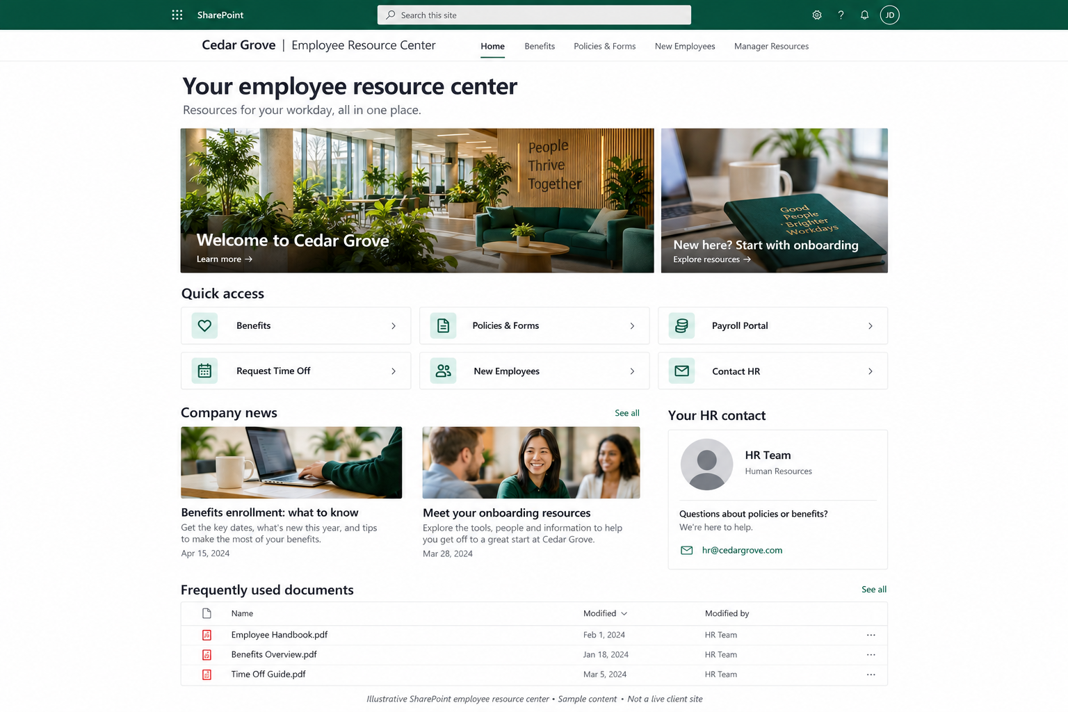 Illustrative SharePoint employee resource center showing featured onboarding links, quick access buttons, company news, an HR contact, and a document library